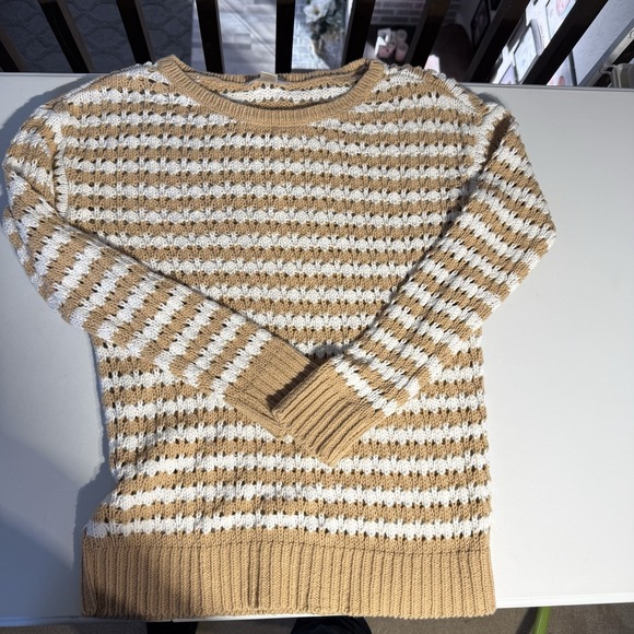 Loft Sweater WM Tan/white Stripe Open Knit Long Sleeve Chic Artisanal Classic - Picture 8 of 13